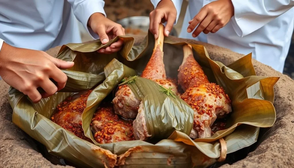Traditional Omani shuwa dish being prepared in Al-Khaburah with aromatic spices and slow-cooking method Traditional Omani shuwa dish being prepared in Al-Khaburah with aromatic spices and slow-cooking method