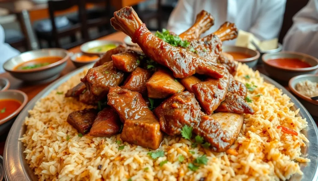 Traditional Omani shuwa dish served with rice and side dishes