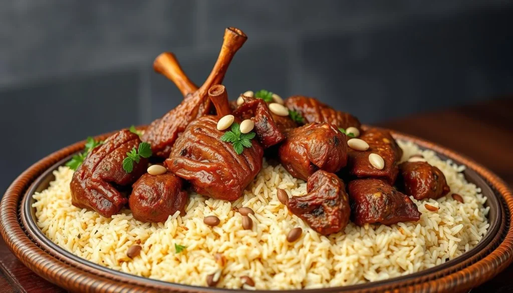 Traditional Omani shuwa dish with rice and meat Traditional Omani shuwa dish with rice and meat