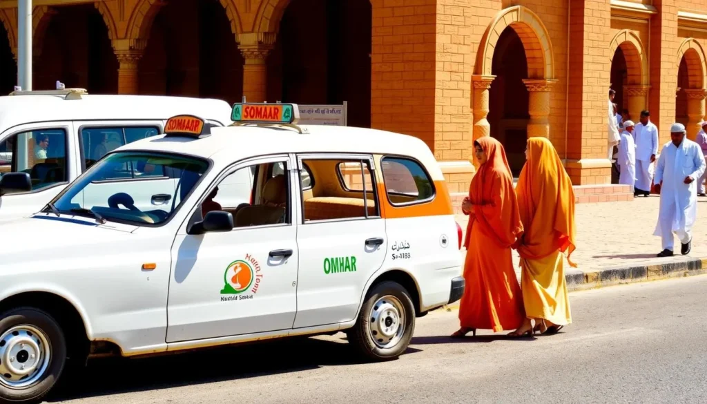 Traditional Omani taxi in Sohar with distinctive white and orange colors