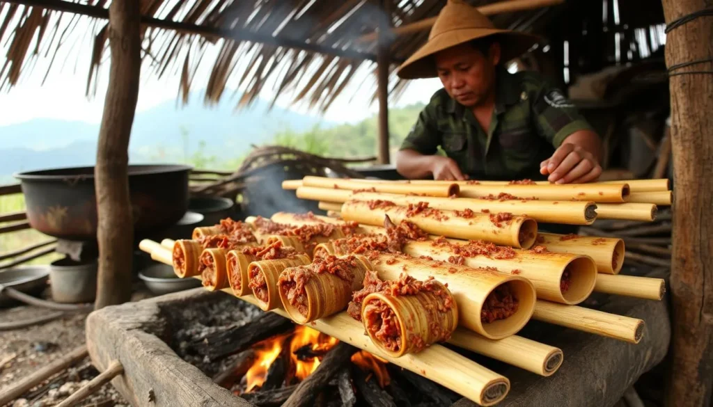 Traditional Pa'piong dish being prepared in bamboo tubes near Gandang Dewata National Park Indonesia Traditional Pa'piong dish being prepared in bamboo tubes near Gandang Dewata National Park Indonesia