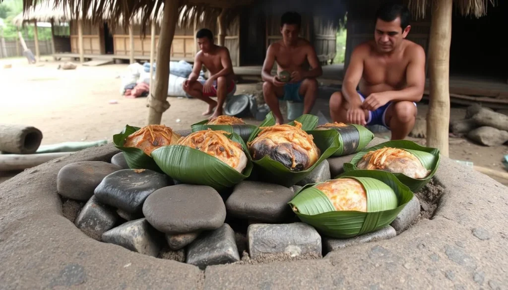 Traditional Papuan earth oven cooking (bakar batu) with stones and vegetables Traditional Papuan earth oven cooking (bakar batu) with stones and vegetables