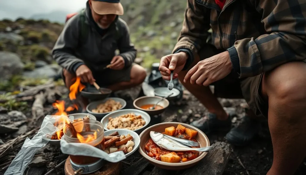 Traditional Papuan food being prepared during a trekking expedition to Sumantri Peak