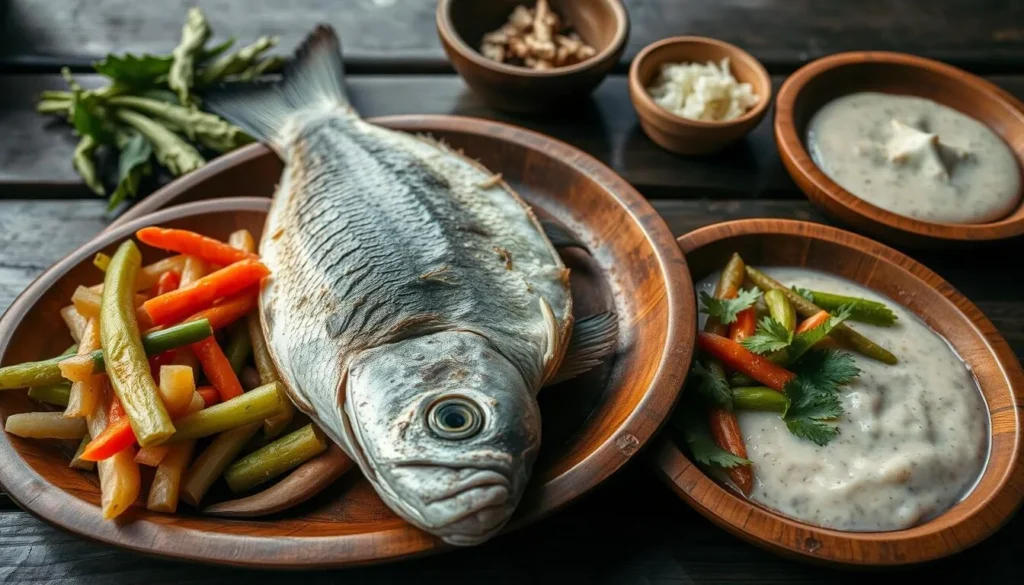 Traditional Papuan meal with freshly caught fish from Lake Paniai served with vegetables and sago