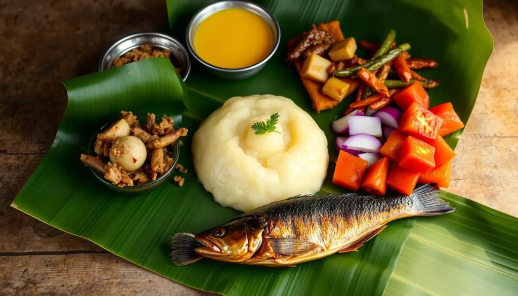 Traditional Papuan meal with sago, fish, and vegetables served on banana leaves