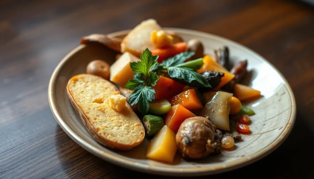 Traditional Papuan meal with sweet potatoes and vegetables