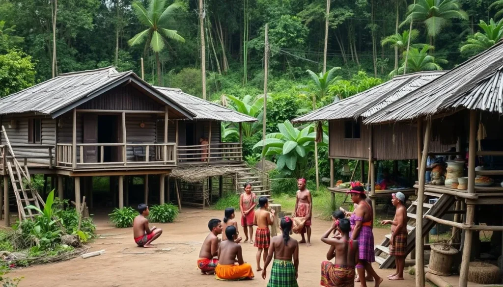 Traditional Papuan village with locals in traditional dress near the Puncak Jaya region Traditional Papuan village with locals in traditional dress near the Puncak Jaya region