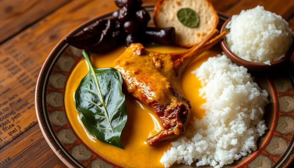 Traditional Paraense cuisine featuring Pato no Tucupi (duck in tucupi sauce) with rice and jambu