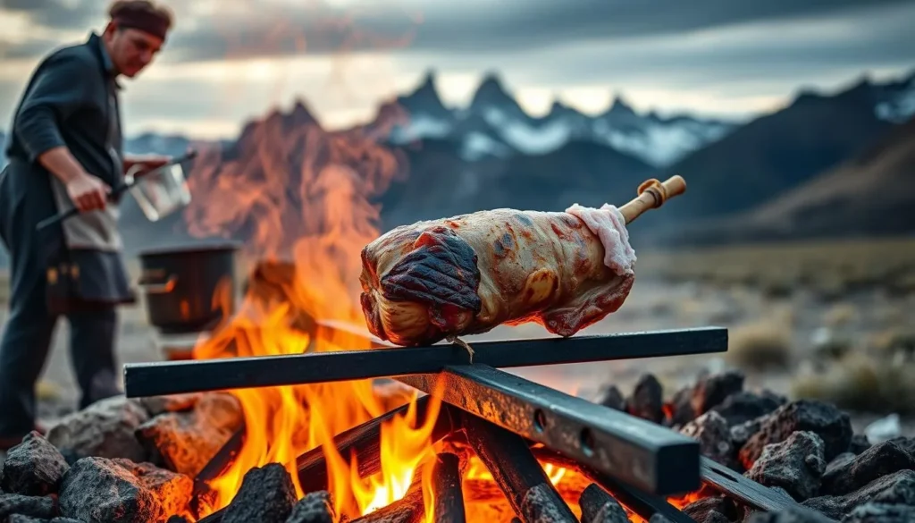 Traditional Patagonian asado (barbecue) with lamb cooking over open fire in Torres del Paine
