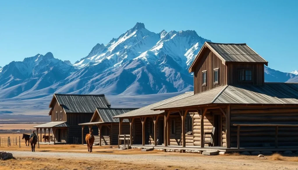 Traditional Patagonian estancia (ranch) near El Calafate with rustic buildings and mountain backdrop