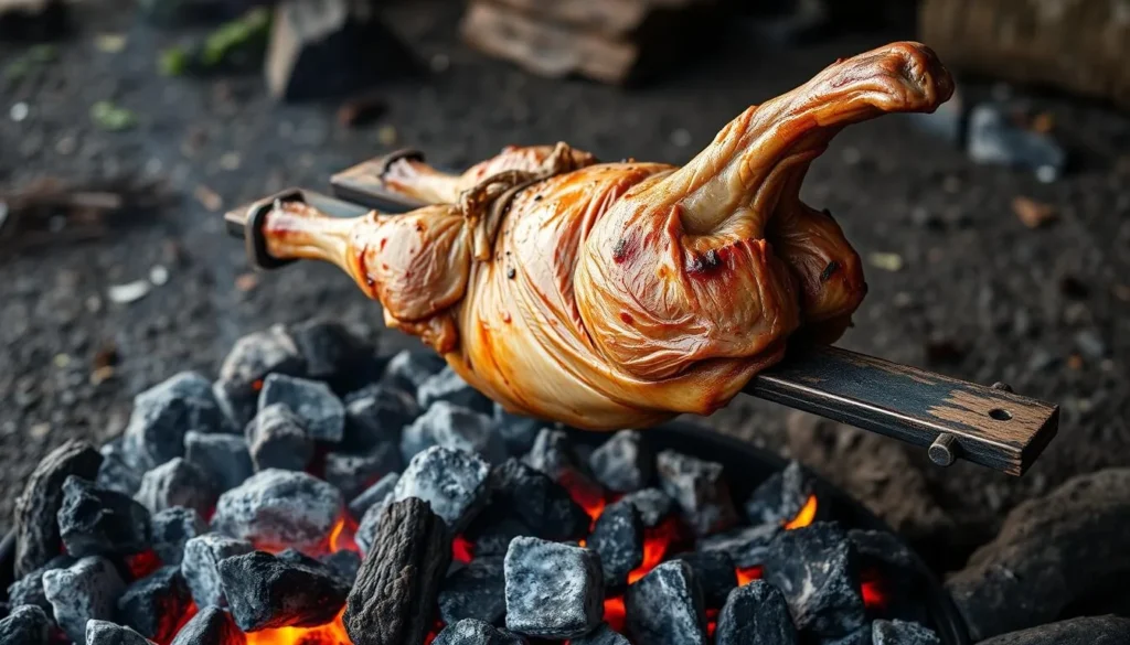 Traditional Patagonian lamb asado (barbecue) being cooked a la cruz (on a cross) over open fire