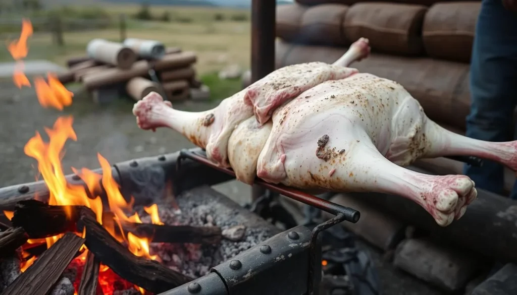 Traditional Patagonian lamb asado (barbecue) being prepared in Aysen
