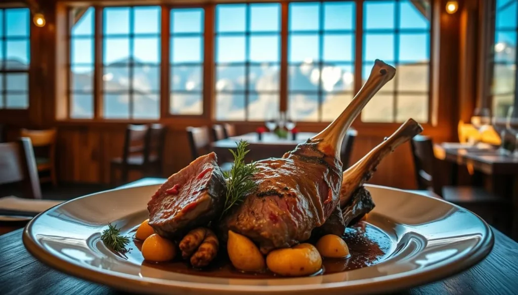 Traditional Patagonian lamb roast with mountain view in Bariloche restaurant