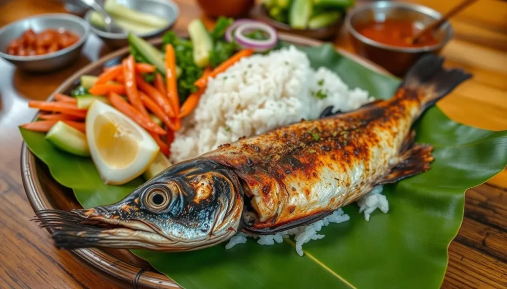 Traditional Pekanbaru dish of Ikan Bakar (grilled fish) with rice and sambal