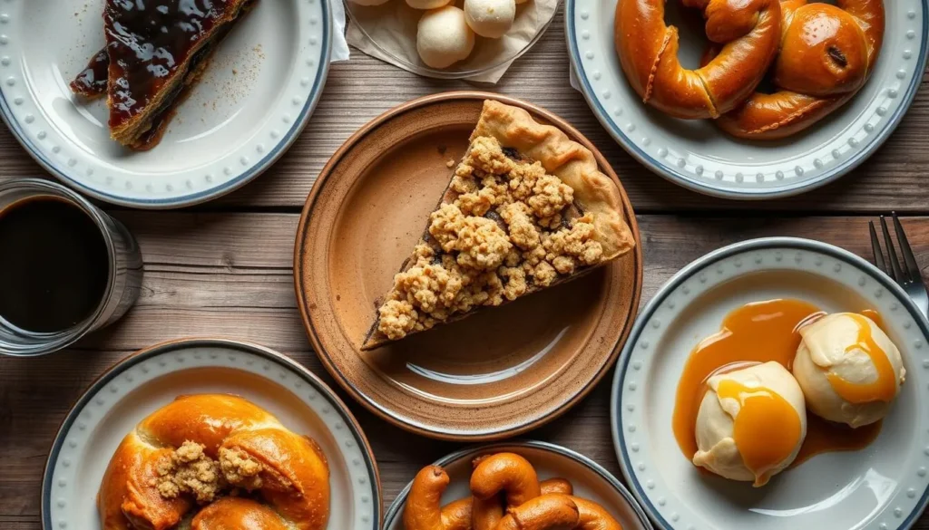 Traditional Pennsylvania Dutch food including shoofly pie and pretzels