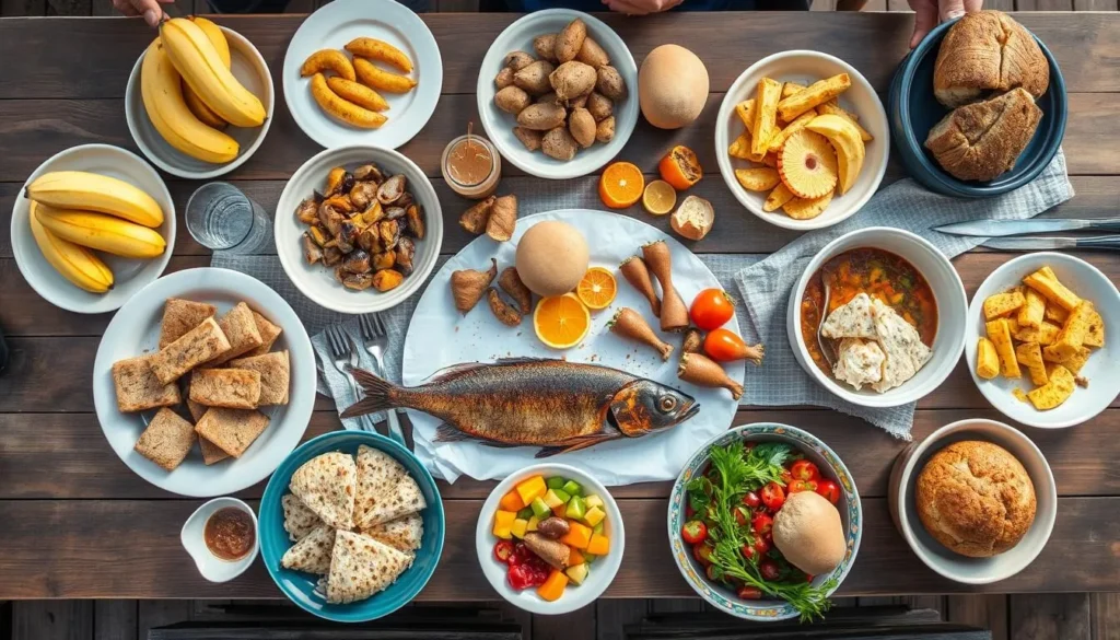 Traditional Pitcairn Island feast with fresh seafood, tropical fruits, and local dishes