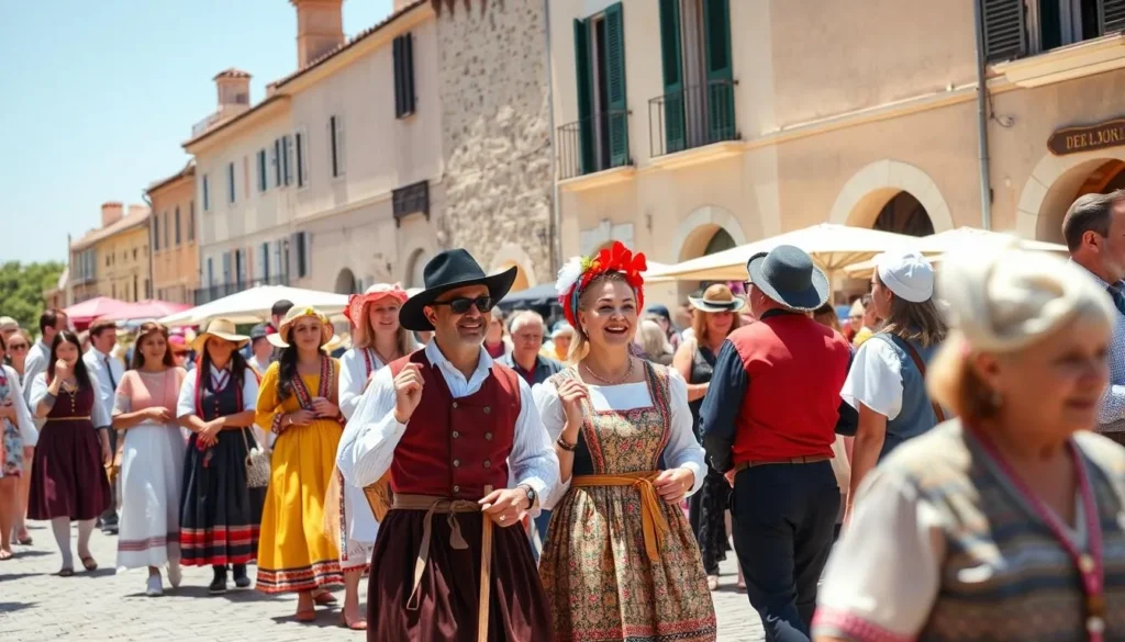 Traditional Provençal festival in Arles with people in folk costumes celebrating local traditions Traditional Provençal festival in Arles with people in folk costumes celebrating local traditions