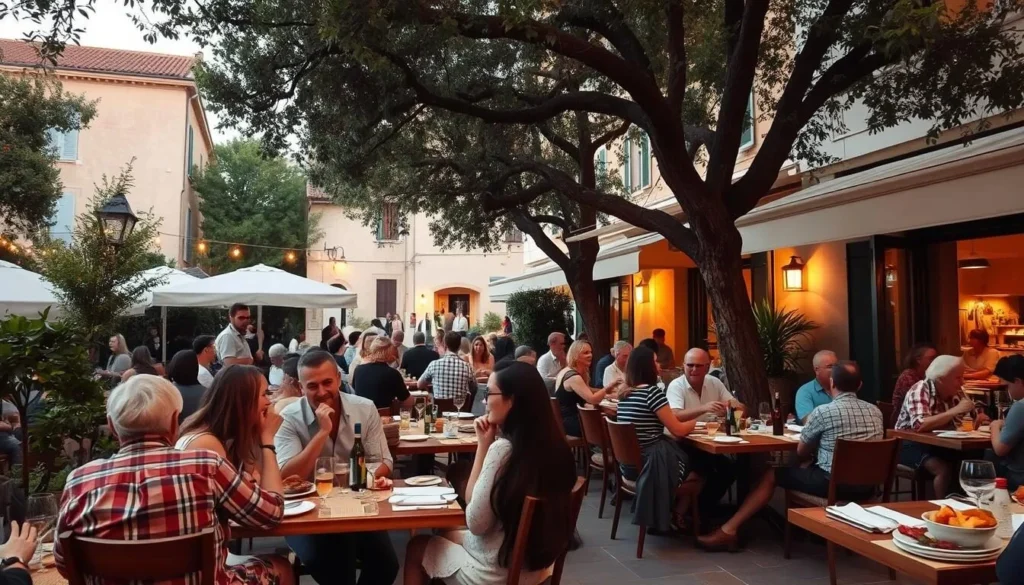Traditional Provençal outdoor restaurant in Arles with diners enjoying local cuisine under plane trees Traditional Provençal outdoor restaurant in Arles with diners enjoying local cuisine under plane trees