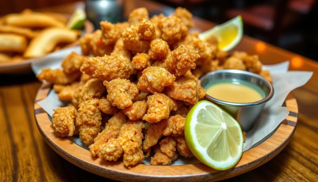 Traditional Puerto Rican chicharrón (pork rinds) served with lime and sauce