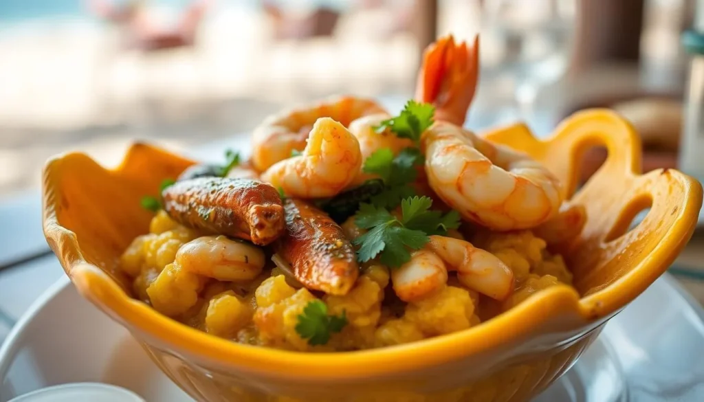 Traditional Puerto Rican mofongo dish with seafood at a Fajardo restaurant