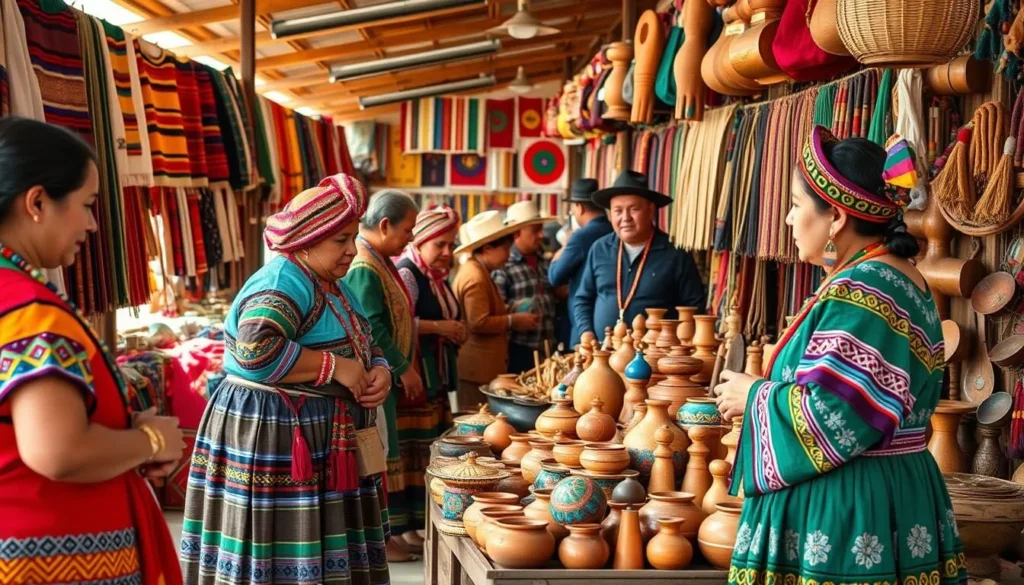 Traditional Purépecha artisans displaying colorful crafts and artwork at the Mercado de Artesanías near the park entrance