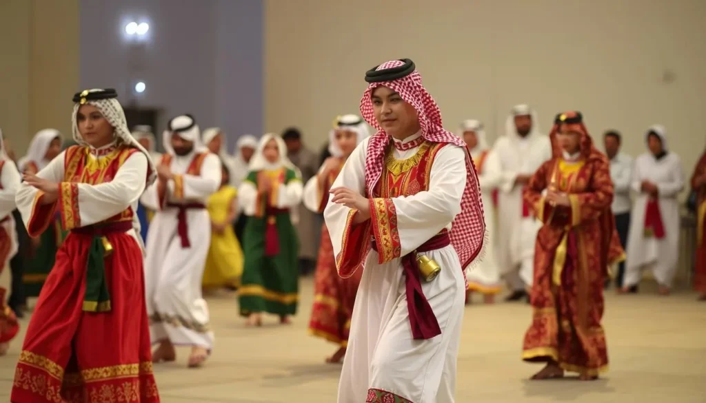 Traditional Qatari cultural performance with dancers in traditional attire