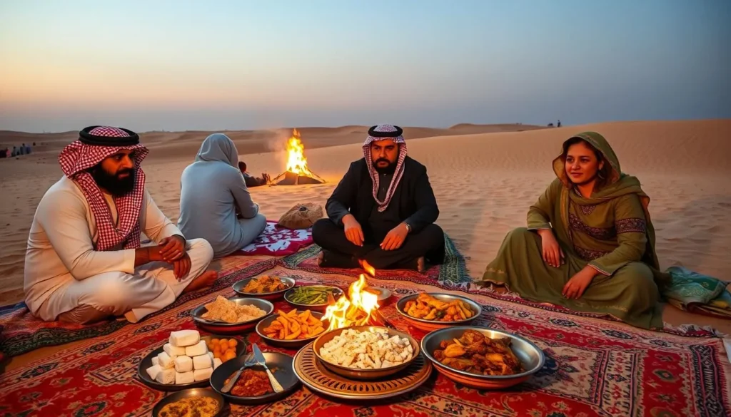 Traditional Qatari desert dining experience with food served on carpets near Khor Al Udaid