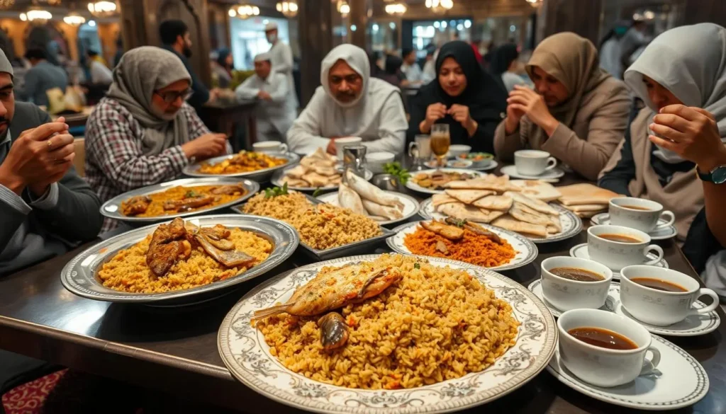 Traditional Qatari dishes served at a restaurant in Al Wakrah Souq, including machboos and seafood