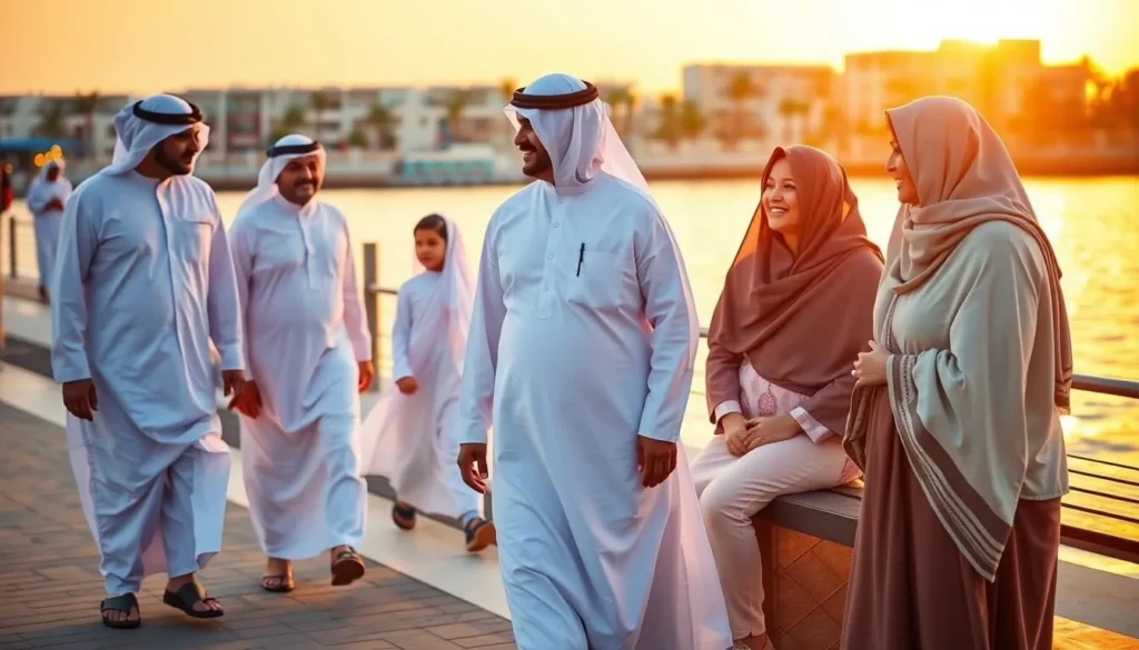 Traditional Qatari family enjoying sunset at Al Shamal Corniche