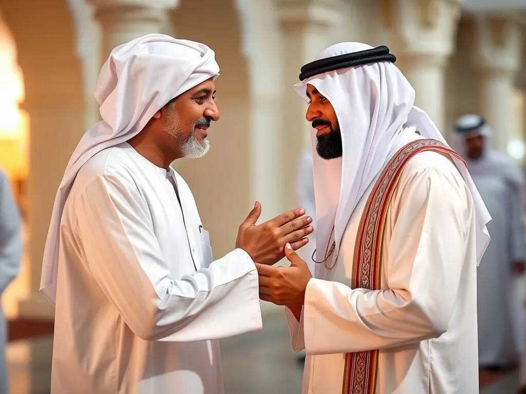 Traditional Qatari greeting between men with nose touching in Al Shamal