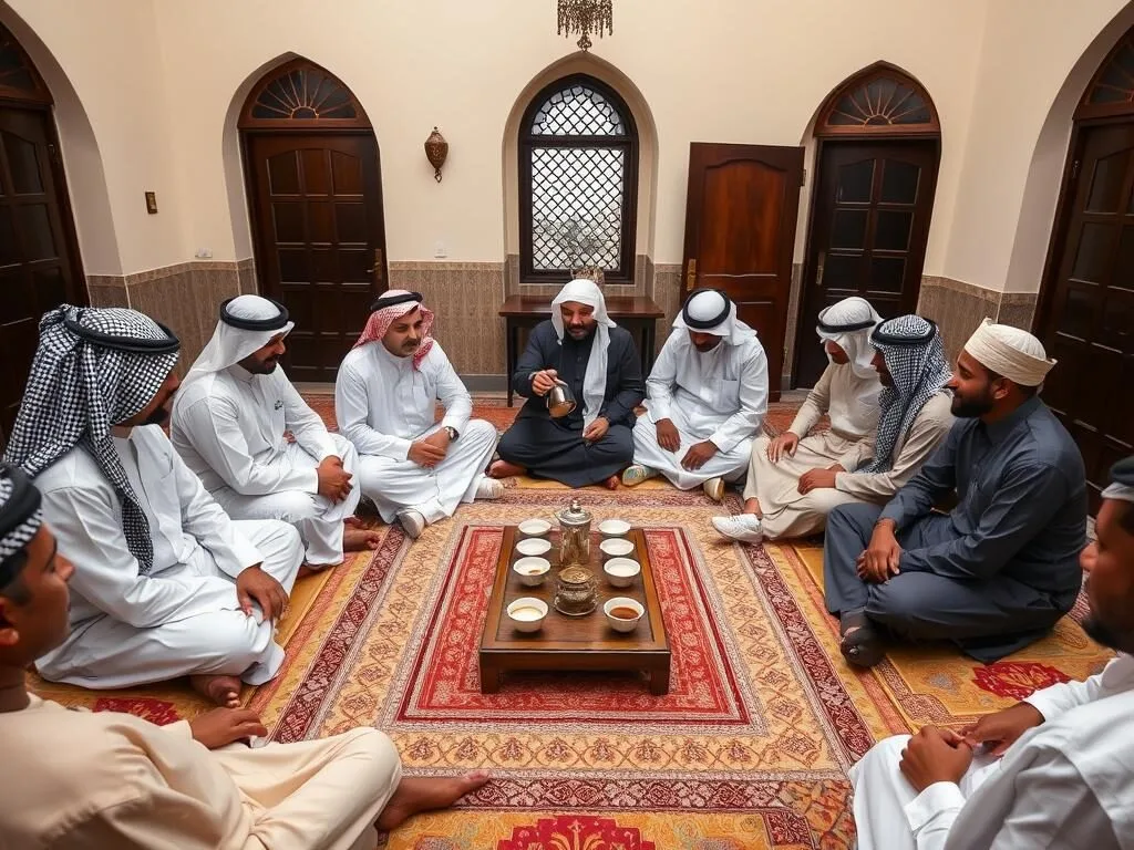 Traditional Qatari majlis gathering with Arabic coffee service in Al Shamal