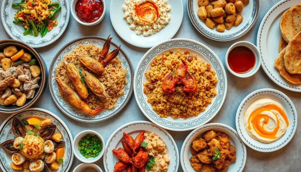 Traditional Qatari meal with machboos, seafood, and Arabic bread