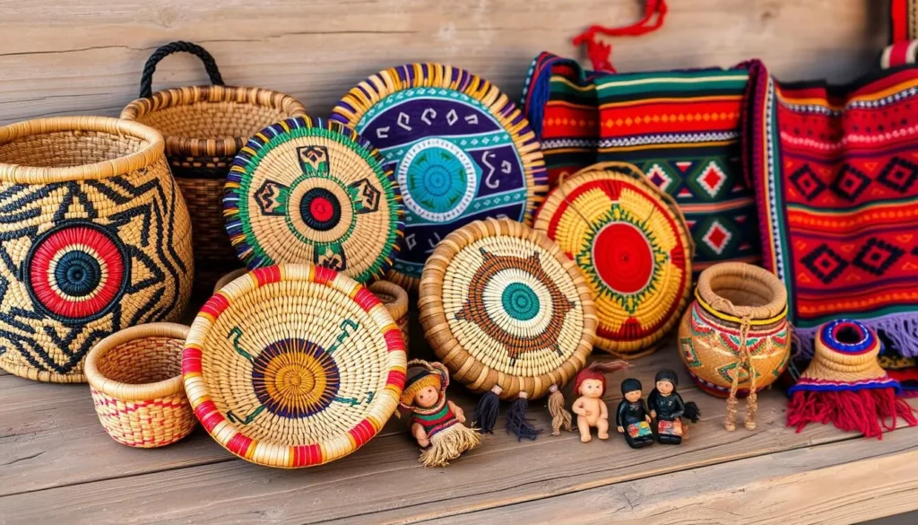 Traditional Rarámuri (Tarahumara) crafts including colorful woven baskets and textiles