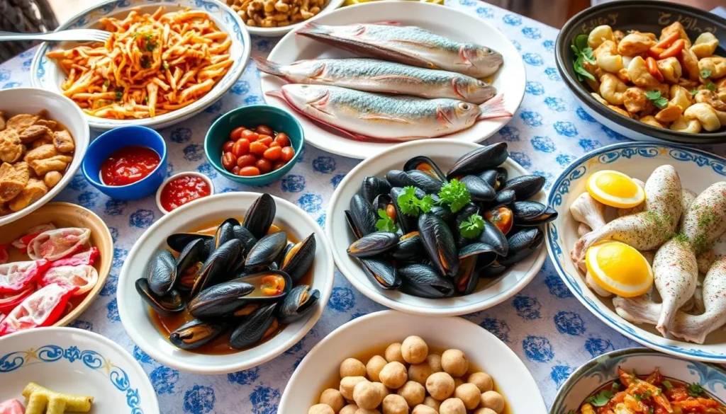 Traditional Russian and Crimean seafood dishes served at a local restaurant in Kacha