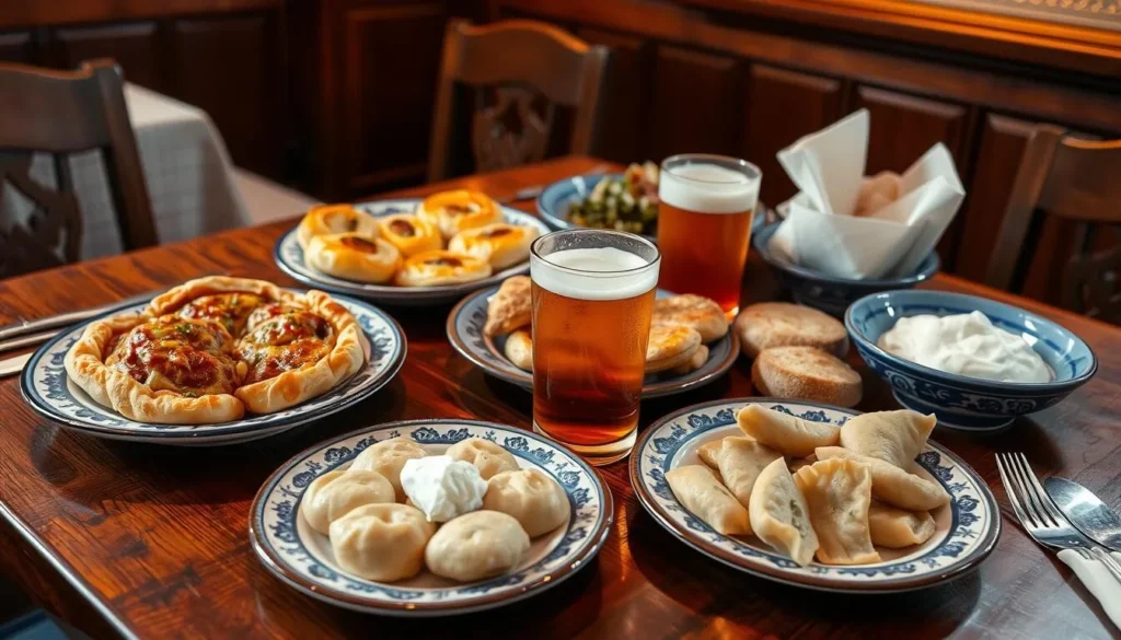 Traditional Russian cuisine served in a Kirov restaurant with Shangi pastries and Vyatka Kvass Traditional Russian cuisine served in a Kirov restaurant with Shangi pastries and Vyatka Kvass