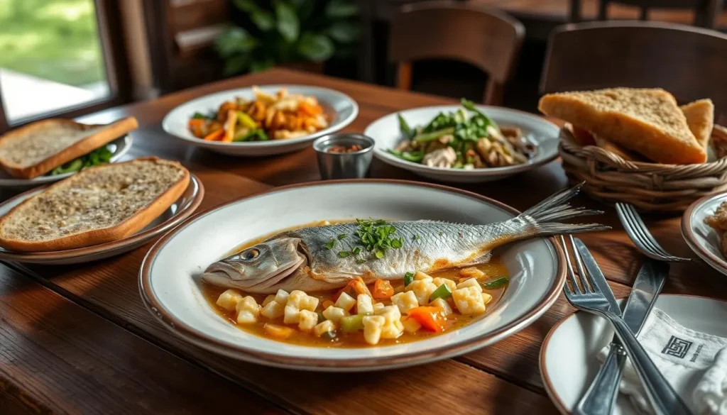 Traditional Russian meal featuring freshwater fish dishes, served in a rustic restaurant near Lake Khanka