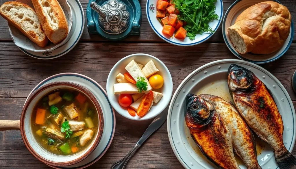 Traditional Russian meal with fish soup, bread, and local dishes from the Volga region
