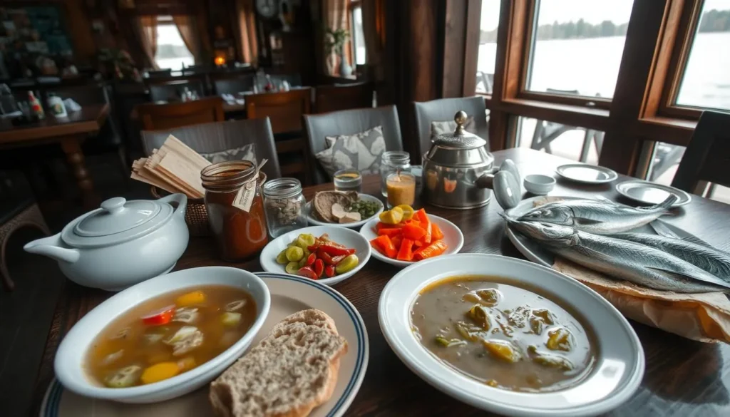 Traditional Russian meal with fish soup, bread, and local dishes served at a restaurant near Lake Kimry