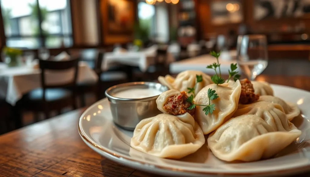 Traditional Russian pelmeni dumplings served with sour cream in a restaurant in Chelyabinsk