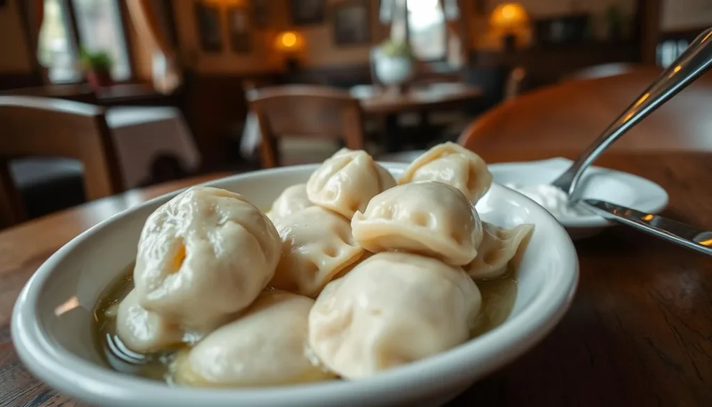 Traditional Russian pelmeni dumplings with sour cream in a restaurant in Khabarovsk Traditional Russian pelmeni dumplings with sour cream in a restaurant in Khabarovsk