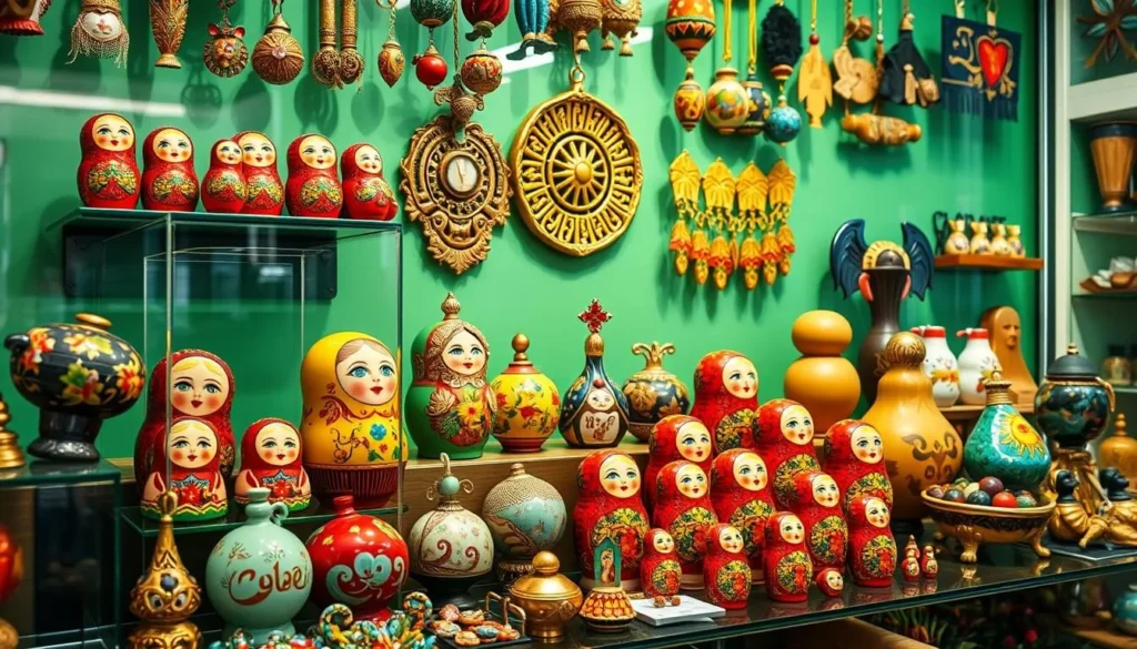 Traditional Russian souvenirs including matryoshka dolls and Ural gemstone crafts in a Chelyabinsk gift shop