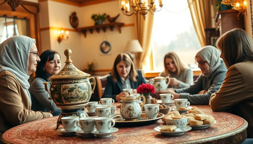 Traditional Russian tea ceremony with samovar in a Chelyabinsk cafe