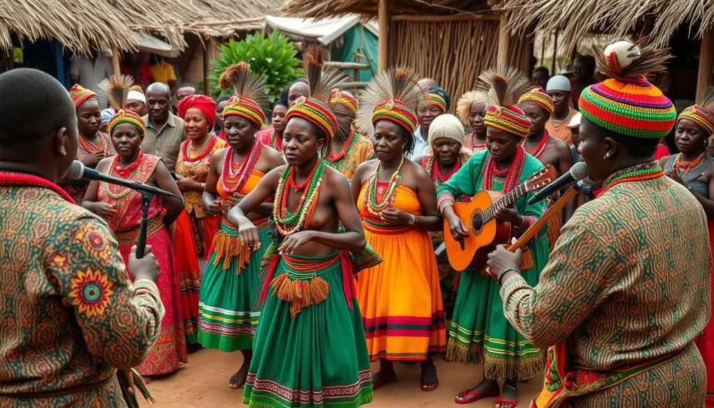 Traditional Sakalava cultural performance in Ambanja with colorful costumes and music Traditional Sakalava cultural performance in Ambanja with colorful costumes and music