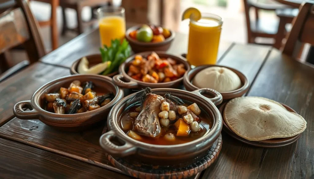 Traditional Santander cuisine served in clay dishes at a restaurant in Barichara Traditional Santander cuisine served in clay dishes at a restaurant in Barichara