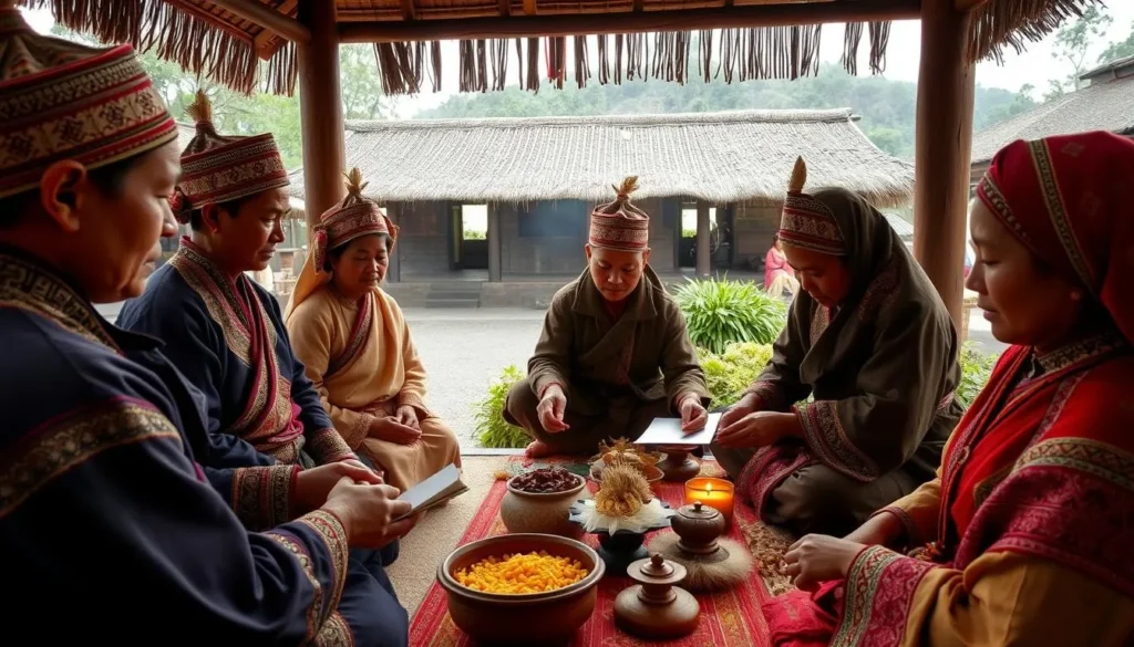 Traditional Sasak ceremony at Taman Nasional Gunung Rinjani with offerings