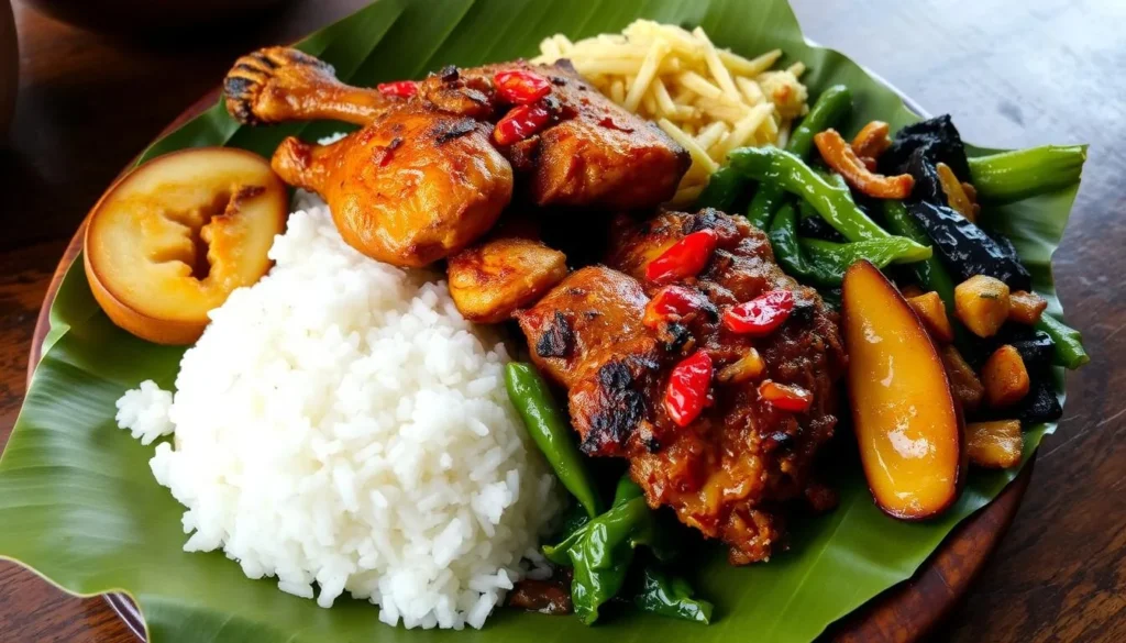 Traditional Sasak meal with ayam taliwang, plecing kangkung, and rice
