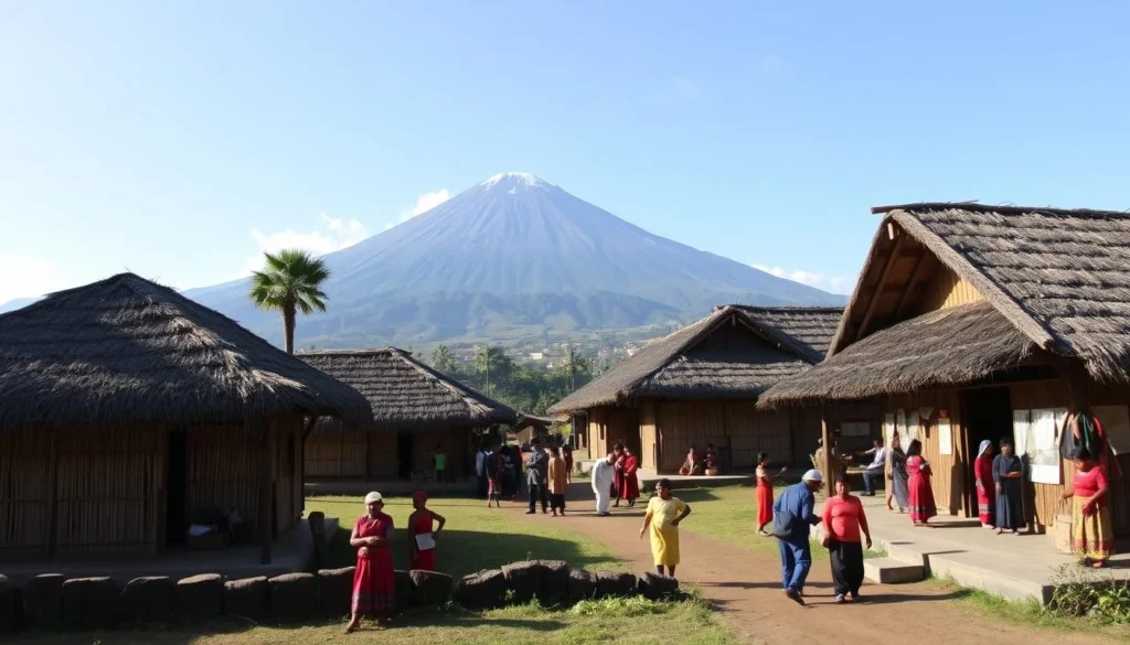 Traditional Sasak village near Mount Rinjani with characteristic thatched roof houses Traditional Sasak village near Mount Rinjani with characteristic thatched roof houses