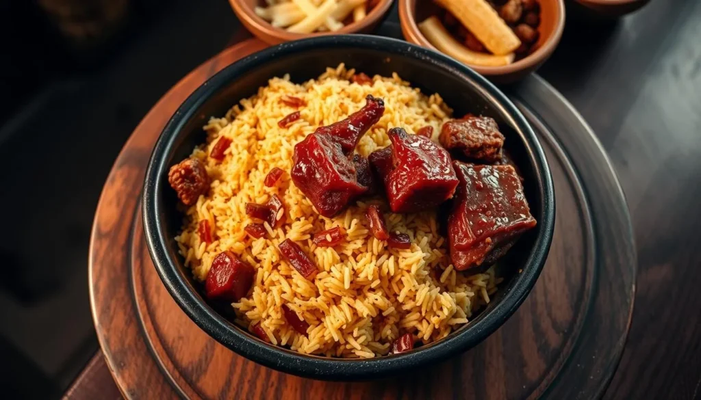 Traditional Saudi Arabian Kabsa dish with rice and meat in Tabuk restaurant Traditional Saudi Arabian Kabsa dish with rice and meat in Tabuk restaurant