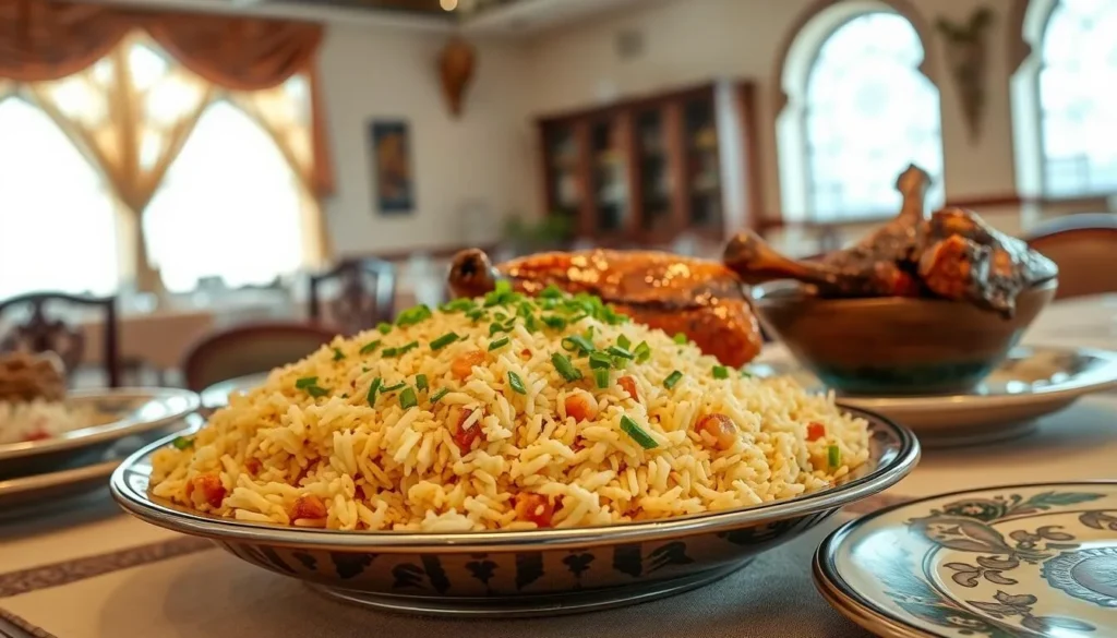 Traditional Saudi Arabian dish Kabsa with rice and meat served in Abha restaurant