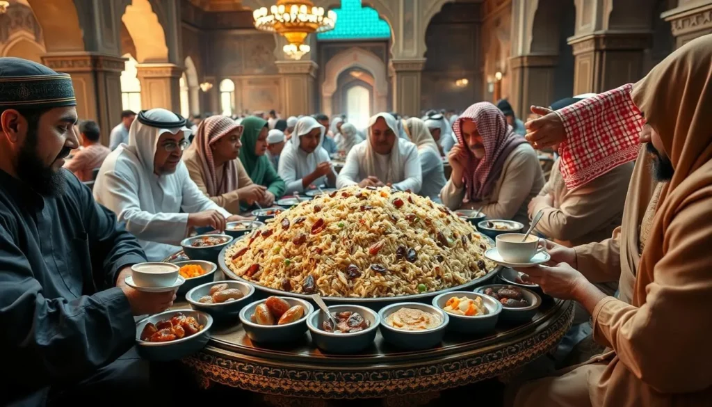 Traditional Saudi Arabian meal with Kabsa rice dish, dates, and Arabic coffee being shared by a diverse group of diners in a Madinah restaurant